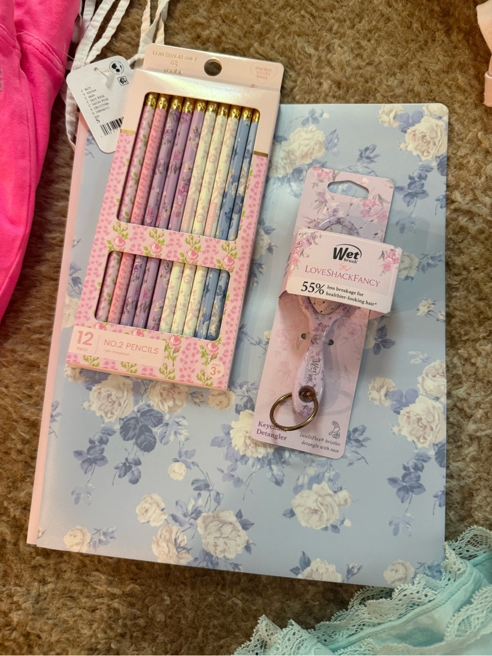 LoveShackFancy Pink Floral Keyring Detangler with Pastel Pencil Set